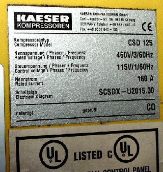 125HP Motor Kaeser CSD-125 AIR COMPRESSOR, 125 PSI, 581 CFM, Air Cooled, 46 - Haga clic para agrandar la imagen